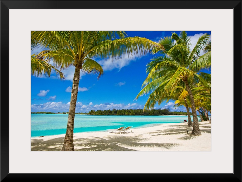 Tropical Palm Trees and white sand beaches in Bora Bora in the French Polynesian islands.