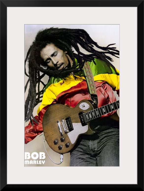 Large, portrait photograph of Bob Marley playing guitar, his name in the bottom left corner.