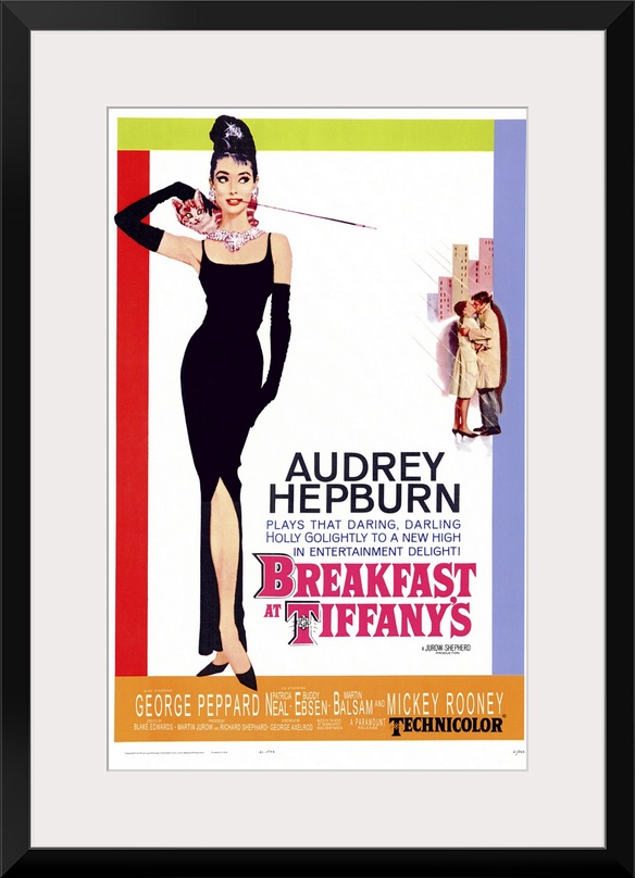 Movie poster for "Breakfast at Tiffany's". It shows Audrey Hepburn standing in a black gown with black gloves on and a cat...