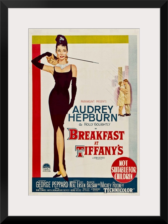Vertical, large vintage advertisement for the movie "Breakfast At Tiffany's", with actress Audrey Hepburn featured in a bl...