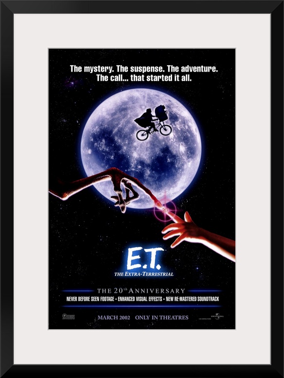 A large vertical print of the 20th anniversary poster of E.T. It depicts the famous scene of the boy and ET touching finge...