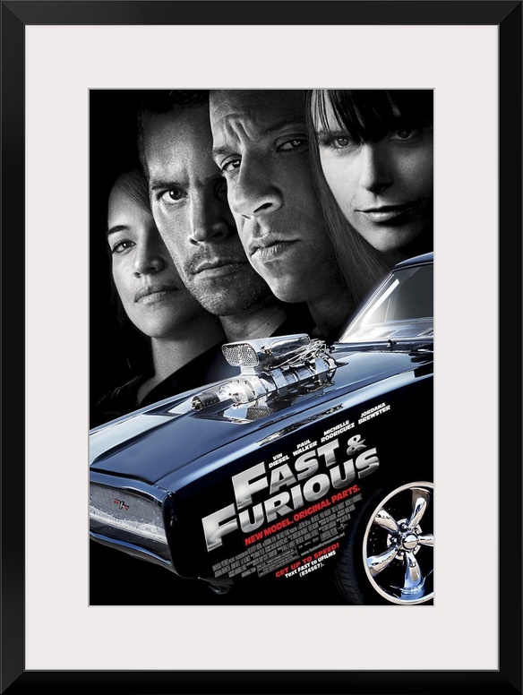 Large, vertical movie advertisement for the Fast & Furious 4.  A muscle car in the foreground with the movie title and cre...