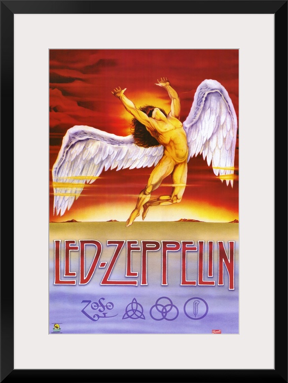 Vertical, oversized artwork for Led Zeppelin, a muscular, nude, human figure with large wings flying upward into a fiery s...