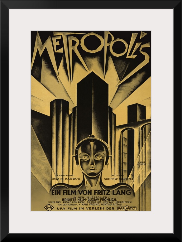 Poster for the 1927 science fiction film Metropolis. Skyscrapers line the back of the poster with a being shown below in f...