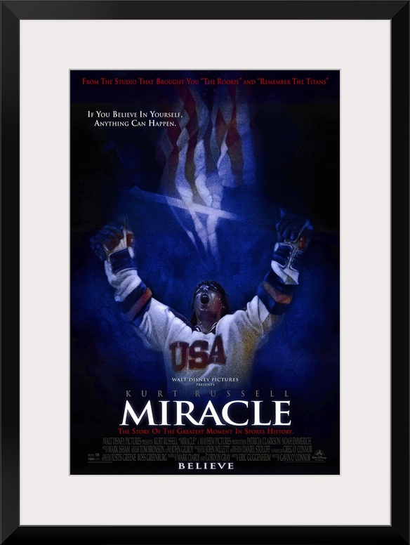 Docudrama movie poster for film "Miracle," starring Kurt Russell as US men's hockey team head coach Herb Brooks.  The stor...