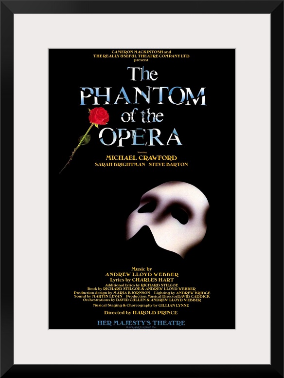 Broadway poster for Andrew Lloyd Webber's play, The Phantom of the Opera, displaying the Phantom's mask and a single rose.