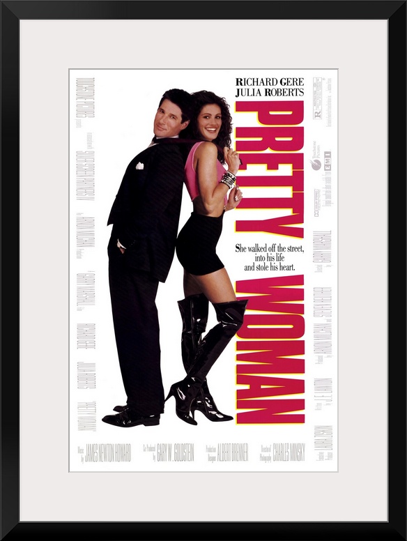 Vertical, large movie advertisement for "Pretty Woman", with Julia Roberts and Richard Gere standing back to back on a sol...