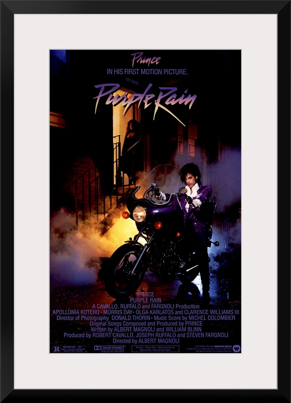 Vintage movie poster for the movie Purple Rain featuring the music artist Prince with a picture of prince sitting on a mot...