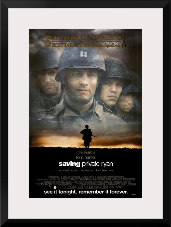 The classic movie poster for "Saving Private Ryan". There is a faded picture of the four main characters up top with a sil...