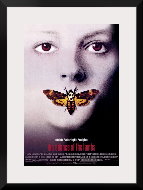 Vertical, oversized movie advertisement for the 1990 film, The Silence of the Lambs, starring Jodie Foster and Anthony Hop...