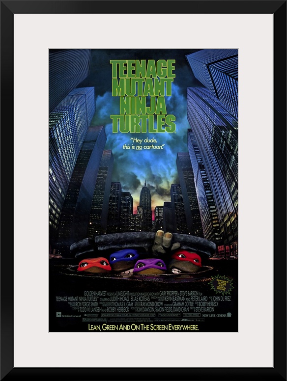 Poster for the 1989 film "Teenage Mutant Ninja Turtles". It shows the four turtles faces popping out from under a man hole...