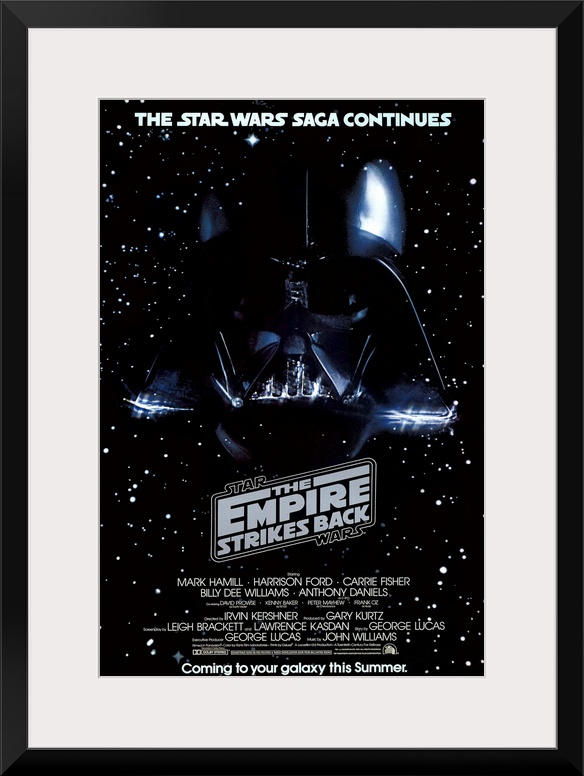 Giant, vertical movie image on canvas for The Empire Strikes Back, with Darth Vader's head on a galactic background, the m...