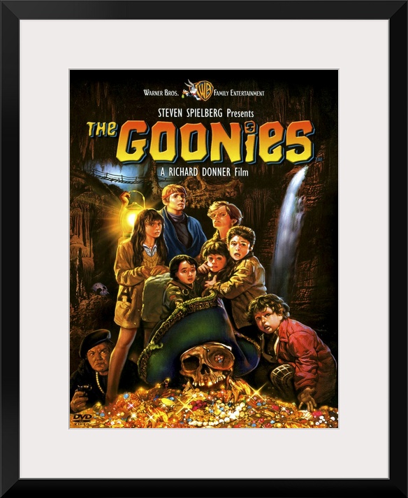 Movie poster for the 1980s movie Goonies with a drawing of all the child characters standing with their pile of treasure.