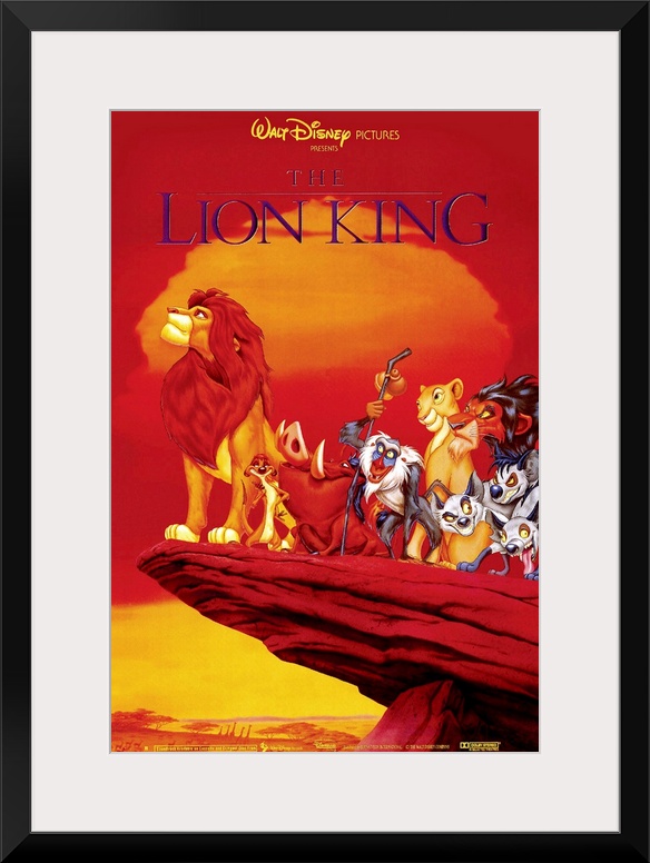 Large, vertical movie advertisement of the Walt Disney movie, The Lion King.  A grown Simba peers over the edge of a cliff...