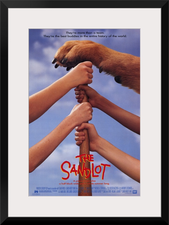 Big, vertical movie advertisement for the 1993 film, The Sandlot.  A baseball bat is held upright by four children's hands...