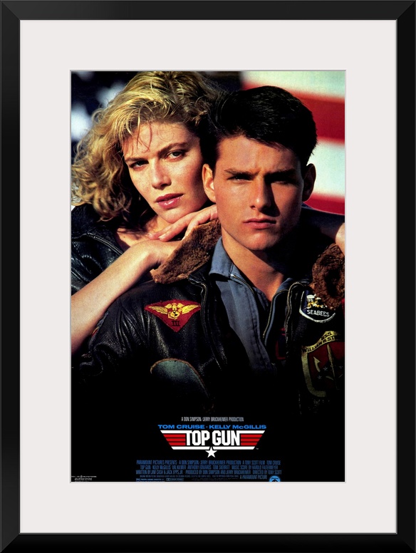 Movie poster for the hit film "Top Gun". Tom Cruise and his love interest are shown on the poster.