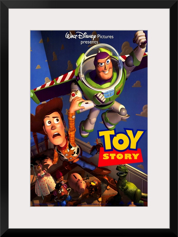 Portrait, large movie poster of Toy Story.  Buzz lightyear flying through the air, Woody holding onto his arm, while the o...