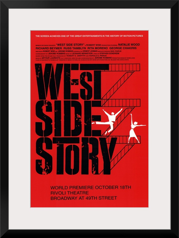 Broadway poster for the popular show "West Side Story". Flights of stairs go up the right side of the text with figures of...