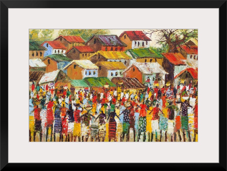 Colorful chaos symbolizes the energy of a busy West African market. Shoppers and merchants throng the streets in a bright ...