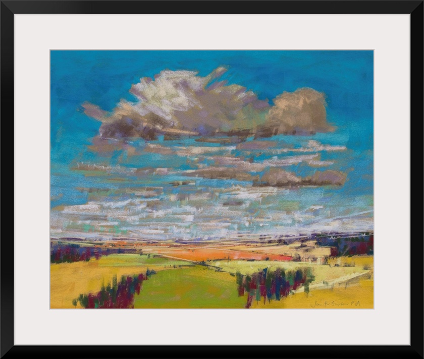 Pastel landscape painting of English countryside with trees, fields and clouds.