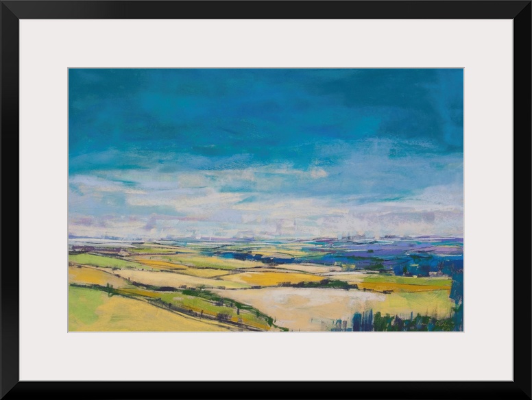 Pastel landscape painting of English countryside with trees and fields.