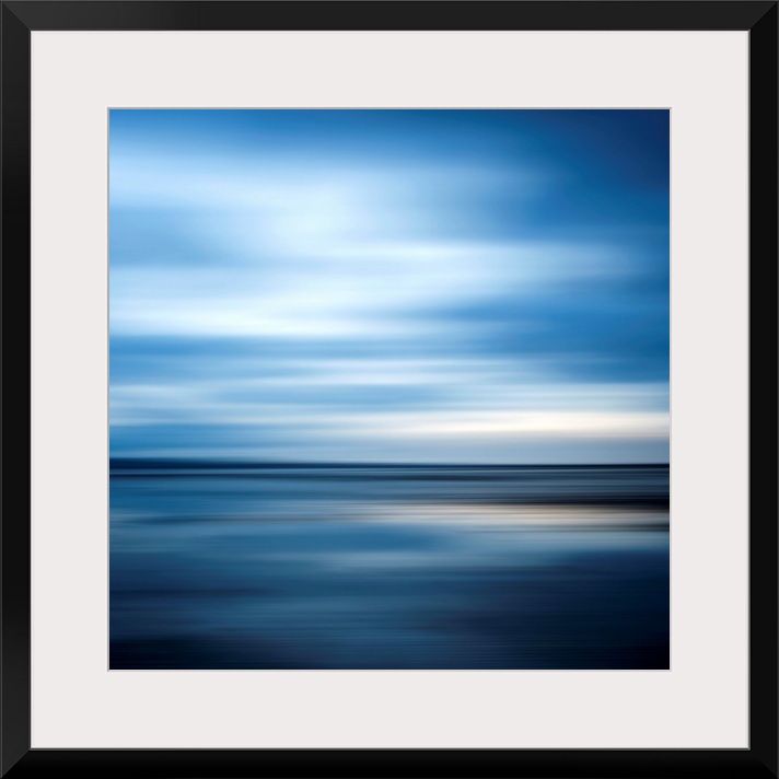 Huge square abstract art of an ocean against a clear sky that includes a lot of horizontal lines.