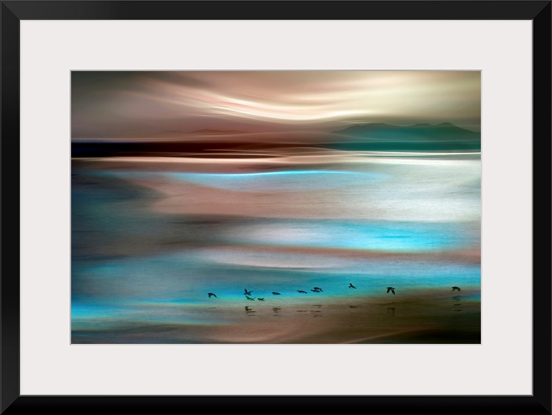 Horizontal, large artwork for a living room or office. Warm and cool tones swirl across a horizon at dusk with small black...