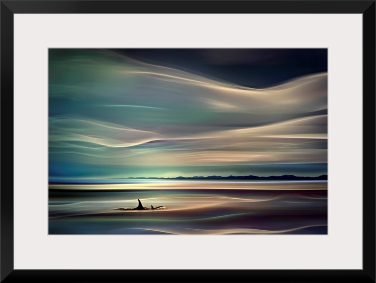 Horizontal, large abstract wall hanging of two Orca whale fins breaking the surface of the water.  The sky and the water f...