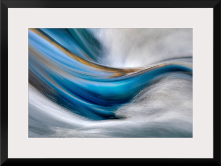 Abstract painting in which cool and warm tones flow from left to right while white rushes from the right side encasing the...