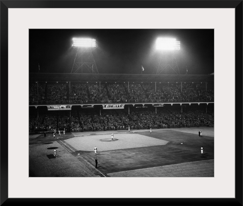 1940's 1947 Baseball Night Game Under The Lights Players Standing For National Anthem Ebbets Field Brooklyn New York USA.