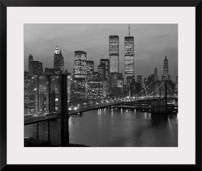 1980's New York City Lower Manhattan Skyline Brooklyn Bridge World Trade Center.