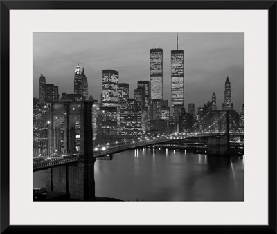 1980's New York City Lower Manhattan Skyline Brooklyn Bridge World Trade Center