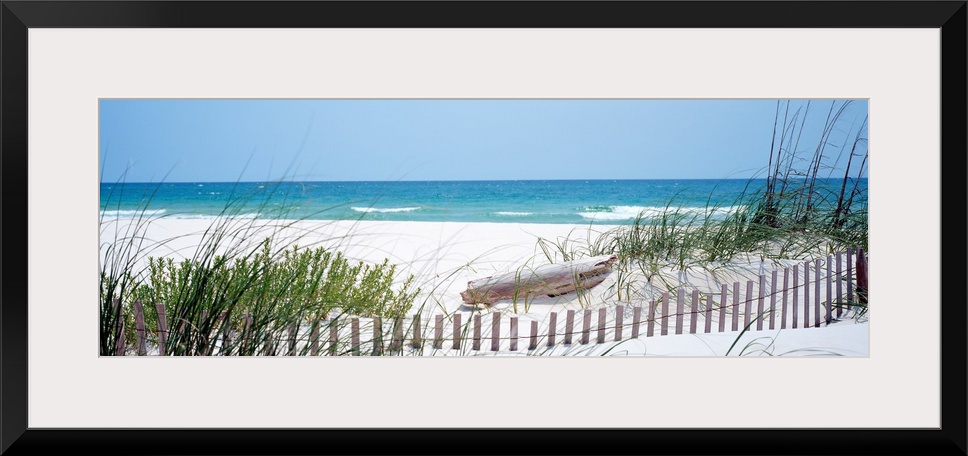 Panoramic landscape photograph of a fence buried in the dunes on sandy beach on the Gulf Coast.