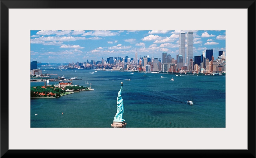 Panoramic wall art of Manhattan, Ellis Isle, and Hudson River photographed from south of the Statue of Liberty on a sunny ...