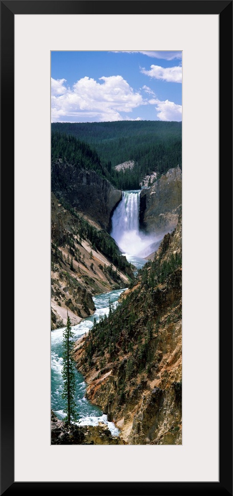 Vertical panoramic of a large waterfall at Yellowstone National Park in Wyoming.