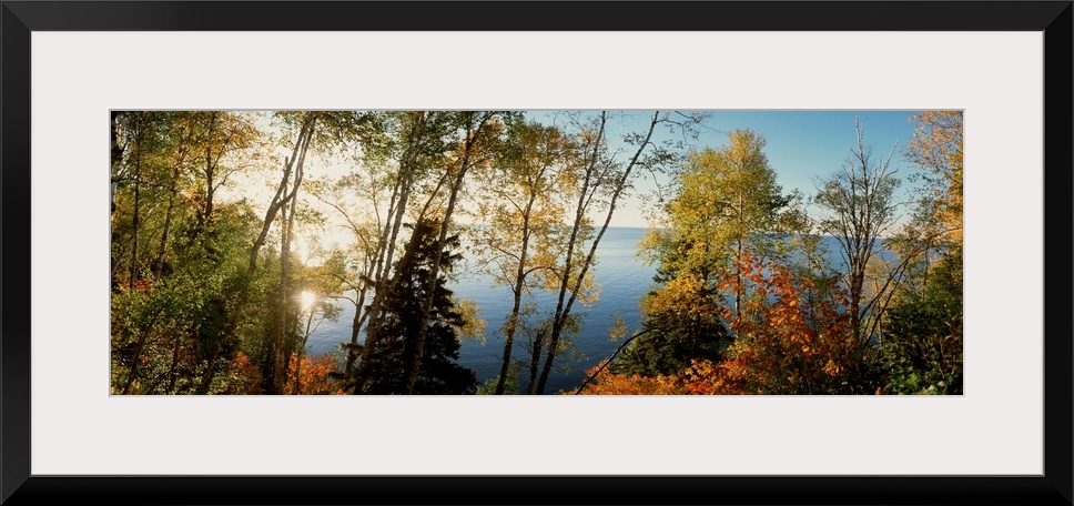This vertical photograph shows leaves starting to show their autumn colors on trees growing around a body of water on a pa...