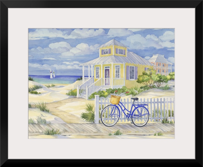 Watercolor painting of a bicycle leaning against a fence near a beach house.