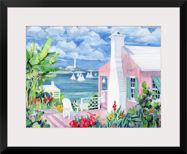 Watercolor painting of a Bermuda resort town.