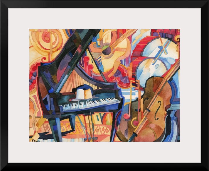 Painting of jazz instruments, including a bass, grand piano, and drum kit.