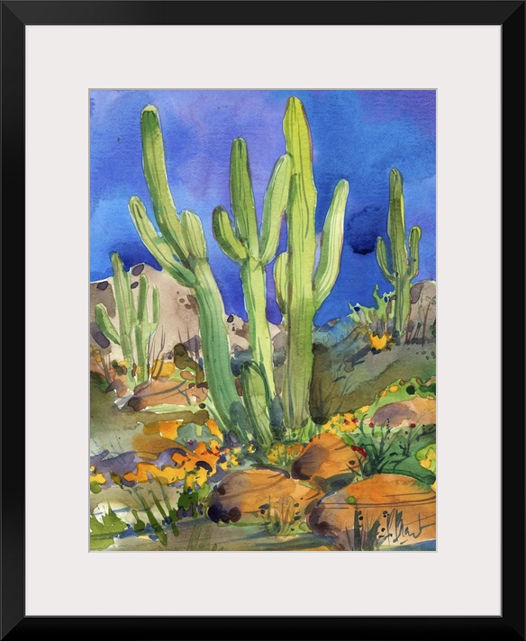 Watercolor painting of saguaro cacti in a rocky desert.