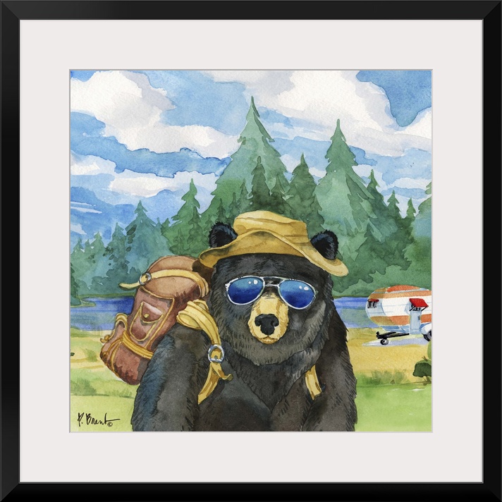 Square watercolor painting of a black bear with camping gear outside in the wilderness.