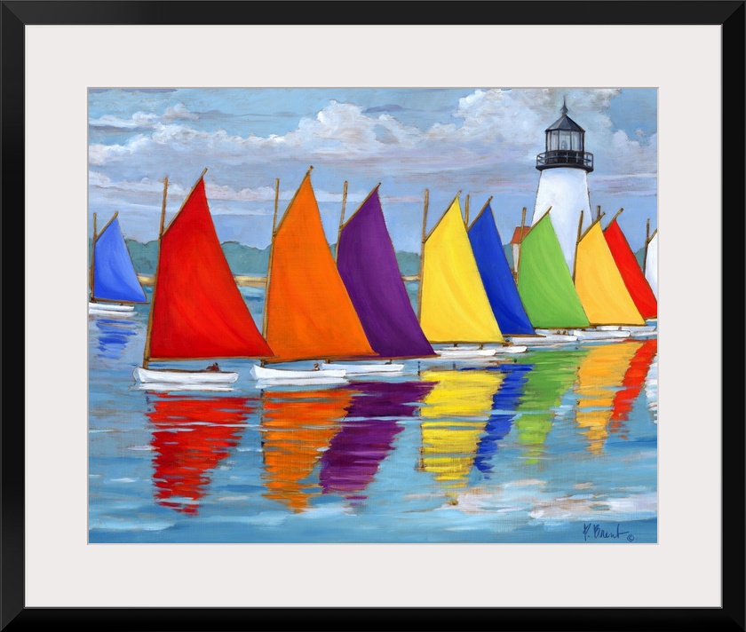 Contemporary painting of a row of multi-colored sailboats on the water, near a lighthouse.