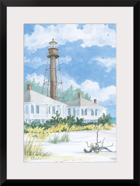 Watercolor painting of a lighthouse with two beach houses on a sandy shore.