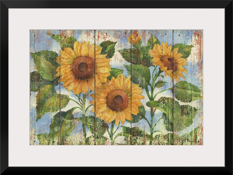 Contemporary decorative artwork of three large sunflowers in full bloom on a textured panel background.