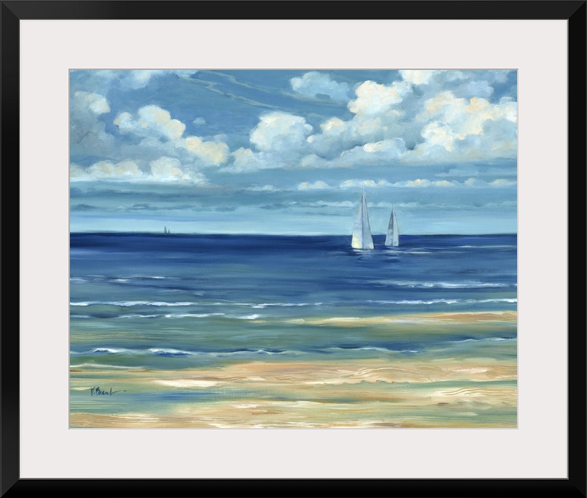 Contemporary landscape painting of a deep blue ocean with white clouds overhead.