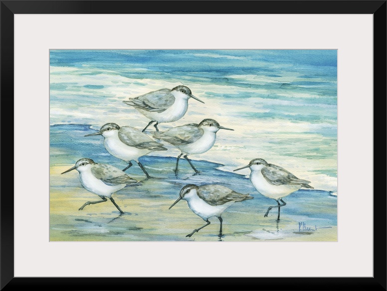 Contemporary artwork of a flock of sandpiper birds on the beach.