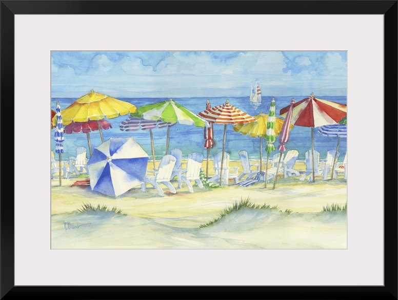 Watercolor painting of several adirondack chairs and colorful beach umbrellas on a sandy shore.