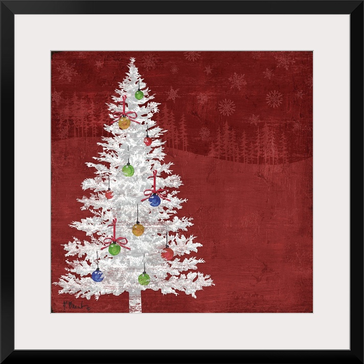 Artwork of a white tree decorated with Christmas Ornaments on a red background.