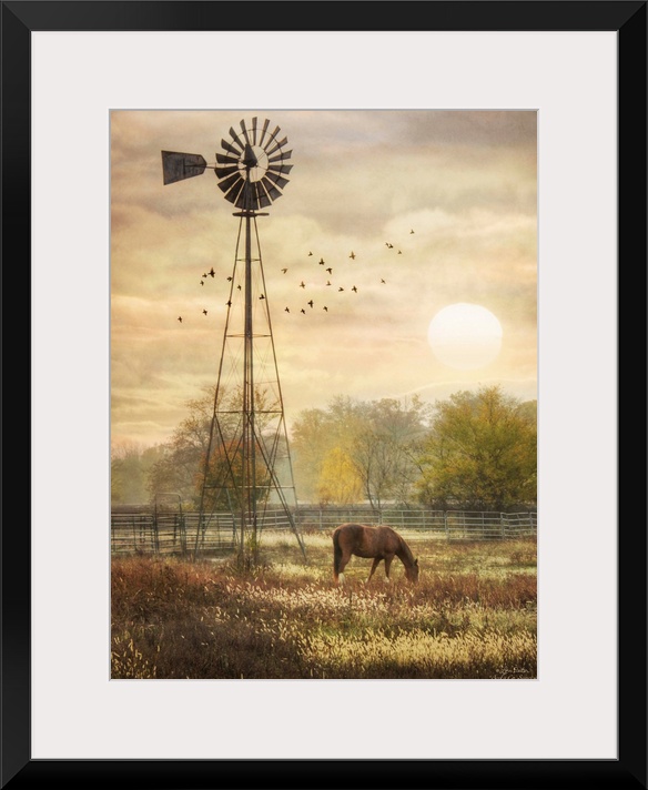 Horse grazing in a field beside a windmill at sunrise.