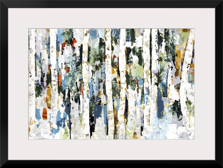 Abstract painting of a wooded forest of colorful leaves.